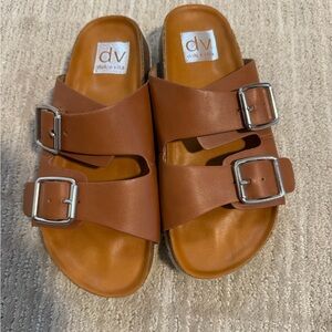 Dolce Vita Tan Slide Sandals with Silver Buckles